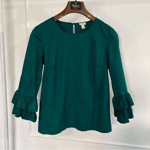 J. Crew emerald green 3/4 ruffle cuff sleeve keyhole back party blouse